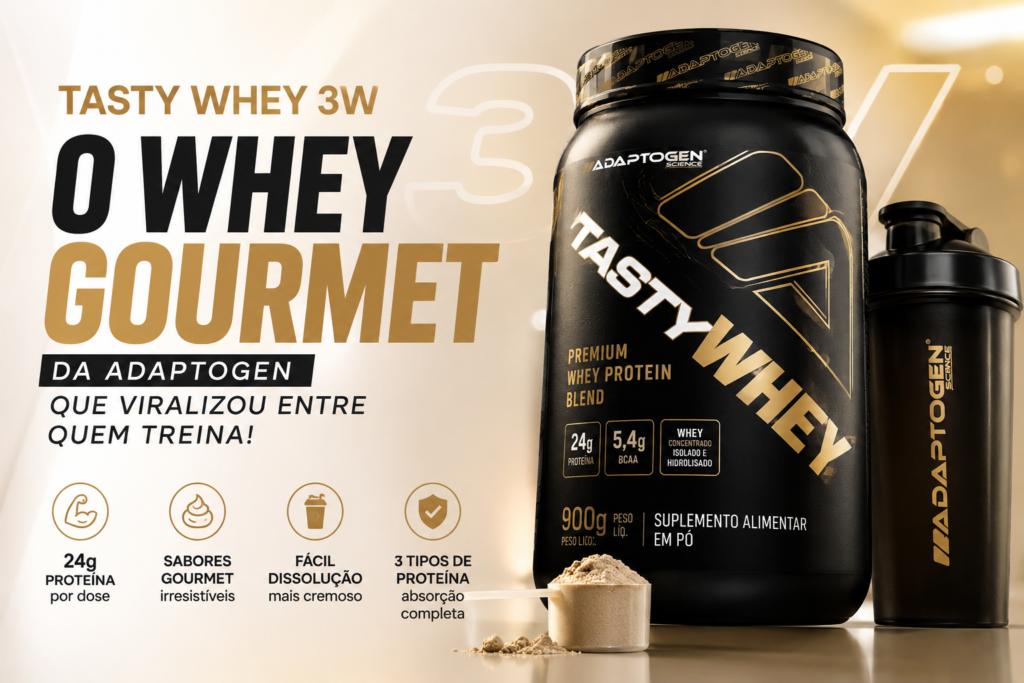 Tasty Whey 3W da Adaptogen em destaque com visual premium e foco em proteína, sabor gourmet e alta dissolução
