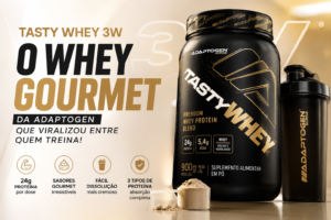 Tasty Whey 3W da Adaptogen em destaque com visual premium e foco em prote&iacute;na, sabor gourmet e alta dissolu&ccedil;&atilde;o