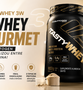 Tasty Whey 3W da Adaptogen em destaque com visual premium e foco em proteína, sabor gourmet e alta dissolução