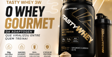 Tasty Whey 3W da Adaptogen em destaque com visual premium e foco em proteína, sabor gourmet e alta dissolução