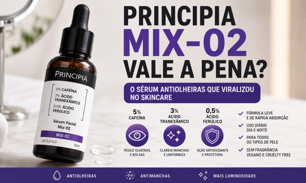 Frasco do sérum Principia Mix-02 com Cafeína, Ácido Tranexâmico e Ácido Ferúlico para olheiras, bolsas e manchas na pele