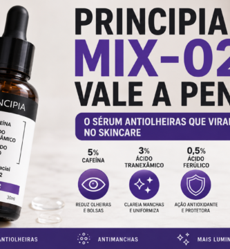Frasco do sérum Principia Mix-02 com Cafeína, Ácido Tranexâmico e Ácido Ferúlico para olheiras, bolsas e manchas na pele